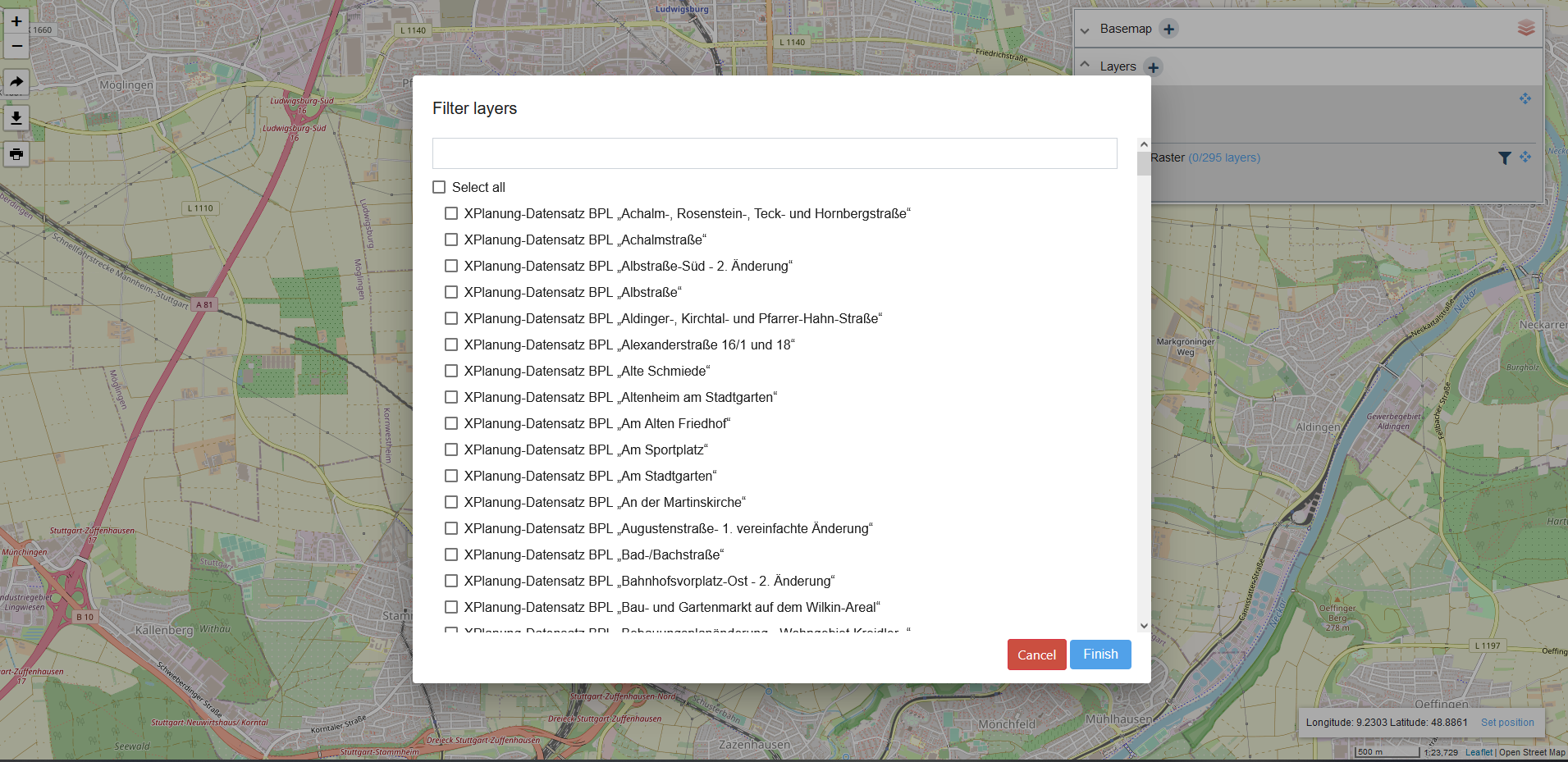 Selected sub-datasets in the layer widget